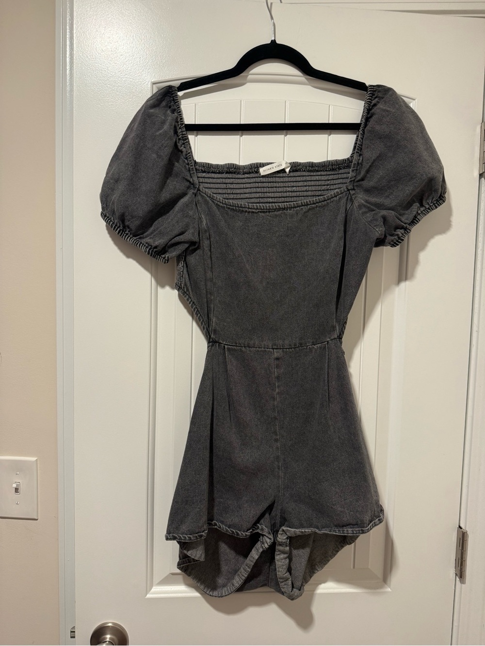Washed Black Puff-Sleeve Romper